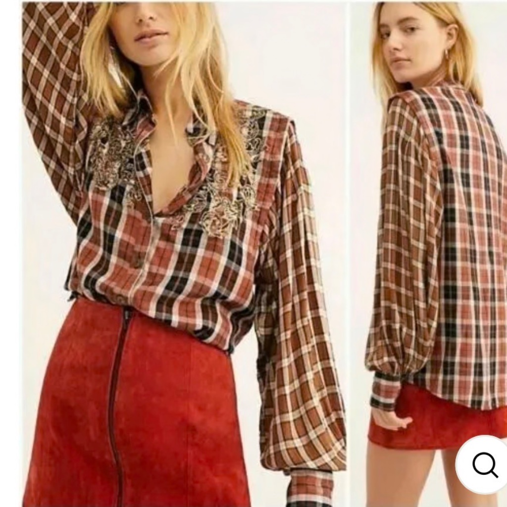 Free People Plaid Button-Down Shirt In Brown And Red